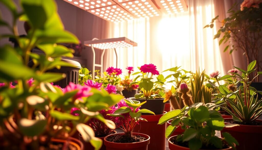 A vibrant indoor gardening scene featuring diverse potted flowers: close-up foreground of colorful flower pots with strong roots and healthy green leaves, under LED grow lights casting a warm glow, creating a cozy atmosphere. In the middle, an array of different LED grow lights with varying heights and designs represents energy-efficient options. The background shows a sunlit window with sheer curtains draping softly, illuminating the flowers further, enhancing their vivid colors. Capture the soft reflections on the sleek surfaces of the pots and lights, using a warm color palette to evoke a sense of value and comfort. Aim for an inviting, inspiring mood that emphasizes the beauty and affordability of effective indoor gardening solutions. A vibrant indoor gardening scene featuring diverse potted flowers: close-up foreground of colorful flower pots with strong roots and healthy green leaves, under LED grow lights casting a warm glow, creating a cozy atmosphere. In the middle, an array of different LED grow lights with varying heights and designs represents energy-efficient options. The background shows a sunlit window with sheer curtains draping softly, illuminating the flowers further, enhancing their vivid colors. Capture the soft reflections on the sleek surfaces of the pots and lights, using a warm color palette to evoke a sense of value and comfort. Aim for an inviting, inspiring mood that emphasizes the beauty and affordability of effective indoor gardening solutions.