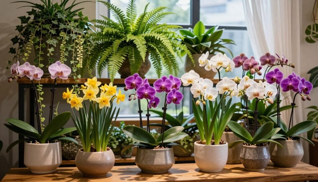 A vibrant indoor plant display featuring a variety of seasonal flowers meticulously arranged in elegant ceramic pots. In the foreground, a collection of blooming orchids in vivid purples and whites, alongside cheerful yellow daffodils. The middle ground showcases lush ferns and trailing ivy cascading from shelf edges, creating a sense of depth. In the background, a softly illuminated window with sheer curtains lets in natural light, enhancing the colors of the plants while casting gentle shadows across a wooden table. The overall atmosphere feels fresh and inviting, evoking a sense of serenity and intentional design in home decor. The lighting is warm and diffused, enhancing the textures of the leaves and petals, with a slight focus on the intricate details of the flowers.
