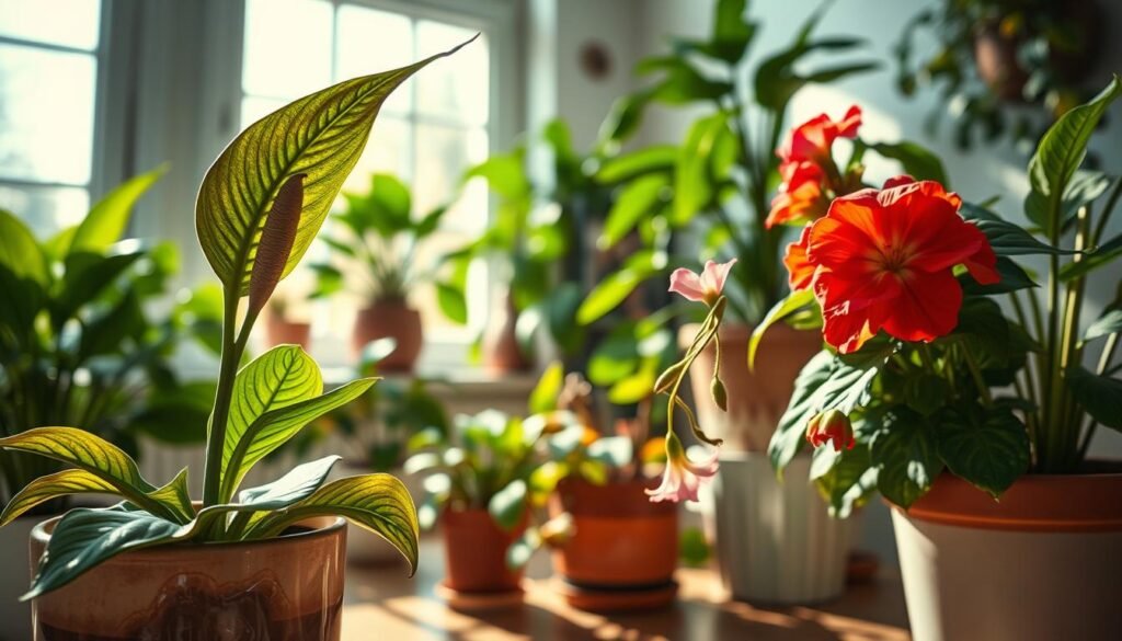 A vibrant indoor scene showcasing an array of overwatered flowering plants. In the foreground, a potted peace lily droops, its leaves wilted and browning, with excess water pooled in the ceramic pot. Beside it, a vibrant geranium shows signs of yellowing leaves, and a few blossoms appear limp. The middle ground features a cozy, sunlit room with large windows allowing soft, diffused natural light to flood the space, casting gentle shadows. The backdrop consists of lush green houseplants, contrasting with the distressed flowers in the foreground. The atmosphere is slightly melancholic yet hopeful, evoking a sense of urgency for care. The image should have a warm, inviting tone, captured with a close-up angle to emphasize the details of the overwatered plants and their surroundings. A vibrant indoor scene showcasing an array of overwatered flowering plants. In the foreground, a potted peace lily droops, its leaves wilted and browning, with excess water pooled in the ceramic pot. Beside it, a vibrant geranium shows signs of yellowing leaves, and a few blossoms appear limp. The middle ground features a cozy, sunlit room with large windows allowing soft, diffused natural light to flood the space, casting gentle shadows. The backdrop consists of lush green houseplants, contrasting with the distressed flowers in the foreground. The atmosphere is slightly melancholic yet hopeful, evoking a sense of urgency for care. The image should have a warm, inviting tone, captured with a close-up angle to emphasize the details of the overwatered plants and their surroundings.