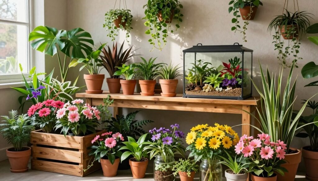 A vibrant indoor setting featuring a variety of unique plant installations, showcasing creativity in floral displays. In the foreground, an artistic arrangement of plants spilling from unconventional containers like wooden crates, glass jars, and hanging planters, each filled with blooming flowers in bright colors—pinks, yellows, and purples—creating a cheerful atmosphere. In the middle, a wooden table adorned with terracotta pots and a captivating terrarium, emphasizing different textures and foliage. The background displays an array of leafy green plants climbing a textured wall, illuminated by soft, natural sunlight filtering through a window, casting gentle shadows. Shot with a warm, inviting tone, this scene evokes a relaxed, inspiring mood, perfect for encouraging indoor gardening exploration.