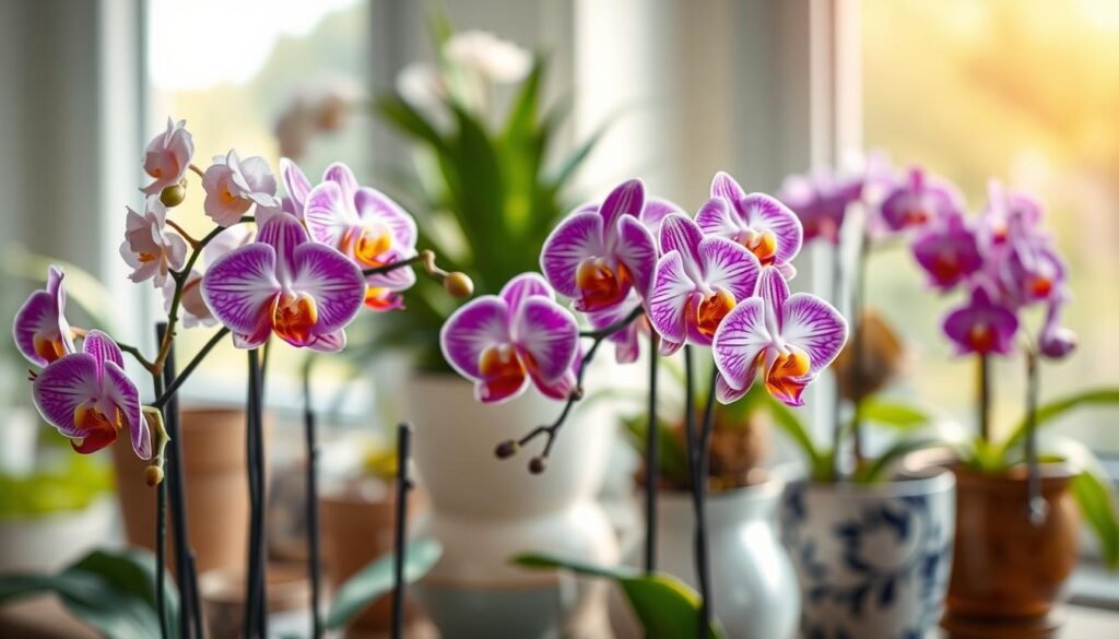 A vibrant indoor setting showcasing a flourishing arrangement of orchids in various stages of bloom. In the foreground, focus on a cluster of vividly colored orchids with intricate petal patterns, displaying shades of purple, white, and yellow. The middle ground features several elegant pots, each with different styles that complement the orchids, highlighting their unique beauty. In the background, gentle sunlight streams through a large window, casting soft, warm shadows that enhance the serene atmosphere. A blurred green houseplant can be seen faintly, adding depth. The scene should convey a peaceful ambiance, evoking a sense of calm and healthy growth, emphasizing the beauty and care of indoor orchids. A vibrant indoor setting showcasing a flourishing arrangement of orchids in various stages of bloom. In the foreground, focus on a cluster of vividly colored orchids with intricate petal patterns, displaying shades of purple, white, and yellow. The middle ground features several elegant pots, each with different styles that complement the orchids, highlighting their unique beauty. In the background, gentle sunlight streams through a large window, casting soft, warm shadows that enhance the serene atmosphere. A blurred green houseplant can be seen faintly, adding depth. The scene should convey a peaceful ambiance, evoking a sense of calm and healthy growth, emphasizing the beauty and care of indoor orchids.