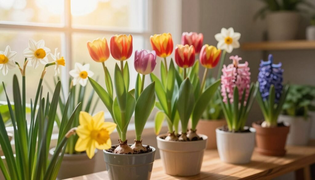 A vibrant indoor spring plant display featuring a variety of colorful flowers, including tulips, daffodils, and hyacinths, arranged in decorative pots on a wooden table. In the foreground, a close-up of a bright yellow daffodil gently swaying in the soft breeze. The middle ground showcases an elegant arrangement of multi-colored tulips, with their petals open wide, and lush green leaves surrounding them. In the background, a sunlit window filters a warm, golden glow, casting soft shadows to enhance the scene. The atmosphere is fresh and rejuvenating, evoking the blossoming beauty of spring. Capture this composition with a soft focus lens, highlighting the details in the plants while keeping the background slightly blurred for depth.
