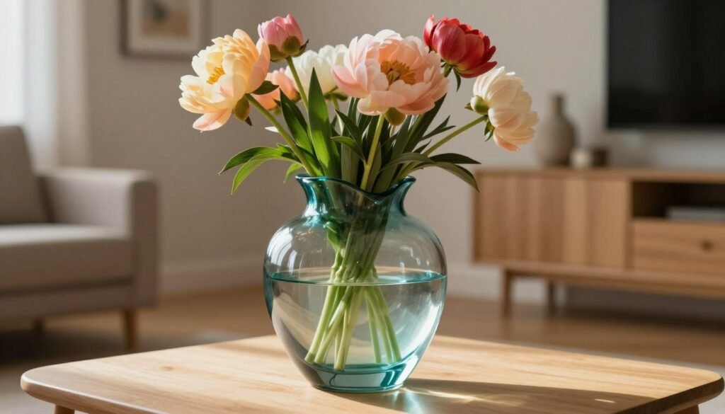 Aalto glass vase elegantly displayed in a softly lit, modern living space. The foreground features the iconic, sculptural vase with its flowing, organic curves and translucent aqua hue, capturing the light beautifully. In the middle ground, vibrant flowers, like peonies and tulips, spill gracefully from the vase, their colors contrasting with the glass. The background consists of a minimalist Scandinavian interior, showcasing light wooden furniture and neutral-toned walls that enhance the vase's allure. The scene is bathed in warm, ambient lighting, creating a serene and inviting atmosphere. The composition is viewed from a slight angle to emphasize the vase's shape and the depth of the arrangement, evoking a timeless midcentury elegance. Aalto glass vase elegantly displayed in a softly lit, modern living space. The foreground features the iconic, sculptural vase with its flowing, organic curves and translucent aqua hue, capturing the light beautifully. In the middle ground, vibrant flowers, like peonies and tulips, spill gracefully from the vase, their colors contrasting with the glass. The background consists of a minimalist Scandinavian interior, showcasing light wooden furniture and neutral-toned walls that enhance the vase's allure. The scene is bathed in warm, ambient lighting, creating a serene and inviting atmosphere. The composition is viewed from a slight angle to emphasize the vase's shape and the depth of the arrangement, evoking a timeless midcentury elegance.