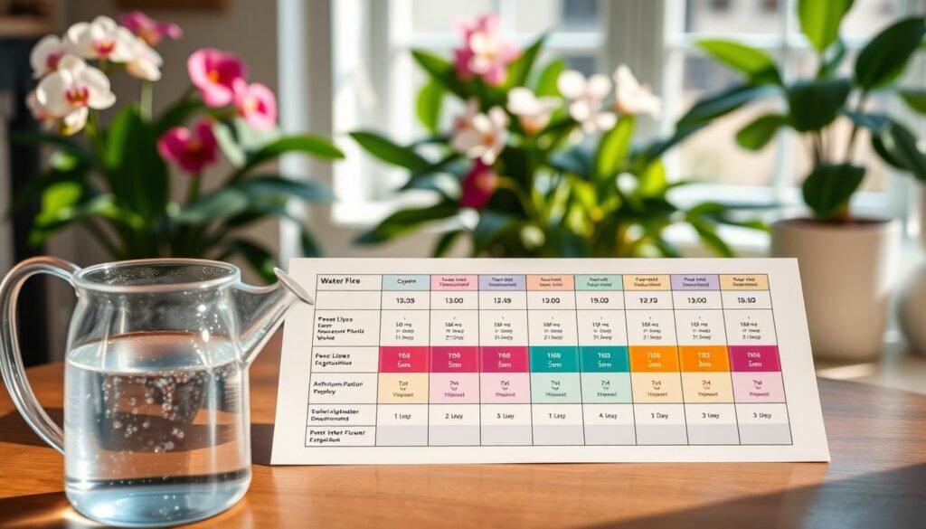 An organized indoor flower watering schedule displayed on a wooden table, featuring a divided chart for various plant types like orchids, peace lilies, and anthuriums, each with colorful icons representing their specific watering needs. The foreground showcases a water can beside the chart, with droplets glistening under soft natural light. In the middle, the chart has a clean, modern design with sections clearly delineated by colors, creating a visually appealing arrangement. The background is softly blurred, highlighting a serene indoor setting with vibrant greenery from flowering plants peeking in. The mood is calm and informative, perfect for a guide on plant care, with bright, welcoming lighting that enhances the atmosphere.