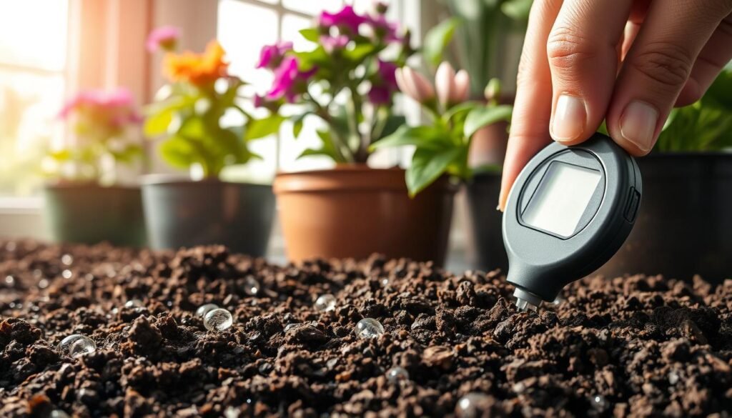Close-up of rich, dark brown soil with visible moisture content, showcasing a mix of granular texture and small roots. In the foreground, droplets of water glisten on the surface, indicating recent rainfall or watering. In the mid-ground, a hand gently probes the soil with a moisture meter, the meter displaying a green reading. Behind, several potted indoor flowers with lush, vibrant foliage and budding blossoms create a sense of hope and vitality. Soft, natural sunlight streams through a nearby window, casting gentle shadows and illuminating the scene with a warm glow. The overall atmosphere is one of nurturing and care, emphasizing the importance of checking soil moisture for indoor plant revival.