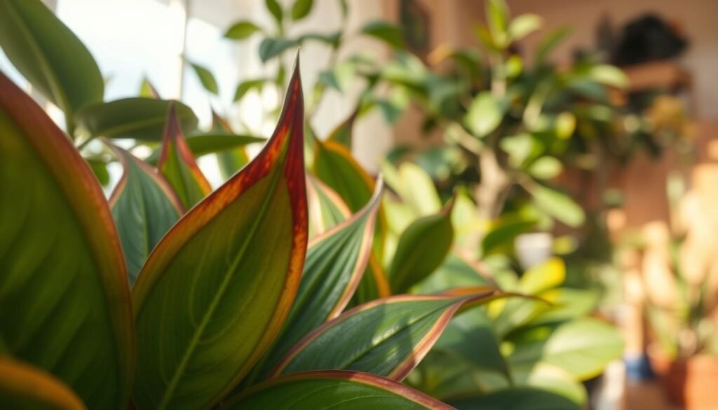 Close-up view of indoor plant leaves displaying brown tips, highlighting the texture and coloration of the leaf edges. Foreground features sharply focused leaves with a gradient of green transitioning to deep brown at the tips, showcasing signs of stress or potential nutrient deficiency. The middle ground transitions into soft-focused foliage, with various leaf shapes and sizes enriching the composition. A blurred background hints at a softly lit indoor environment, with natural light filtering through a window, casting gentle shadows and enhancing the organic feel. The mood is calm and informative, conveying a sense of careful observation, inviting viewers to reflect on the health of their indoor flowers. Use a macro lens effect to emphasize details, with warm, natural lighting for an inviting atmosphere.