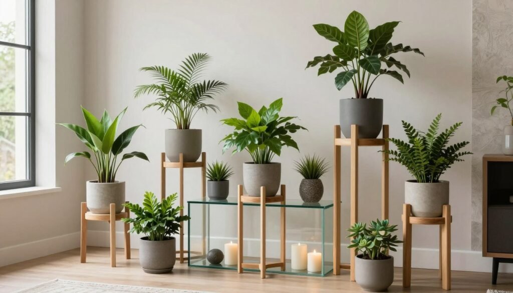 Modern plant stands arranged artistically in a contemporary living space. In the foreground, sleek, minimalist wooden plant stands with varying heights support vibrant green potted plants, showcasing a mix of succulents and tropical foliage. In the middle, a stylish glass shelf displays additional plants, complemented by decorative stones and elegant candles. The background features a cozy, well-lit room with soft, natural light streaming in through large windows, enhancing the fresh and inviting atmosphere. A neutral-toned wall provides a perfect backdrop, while a hint of textured wallpaper adds depth. The image captures a serene, modern vibe, highlighting the beauty and creativity of indoor plant displays in elegant settings.