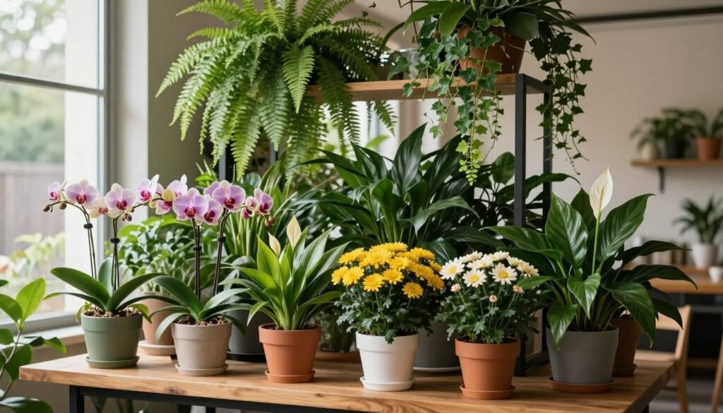 Riotous indoor plant display featuring a variety of vibrant seasonal flowers and lush greenery. In the foreground, a stylish wooden table supports colorful pots with blooming orchids, cheerful chrysanthemums, and delicate peace lilies. The middle ground showcases tall, leafy ferns and cascading ivy draping down from a modern shelf, creating a sense of depth and abundance. Soft, natural lighting filters through a nearby window, casting gentle shadows and enhancing the vivid colors of the plants. In the background, a blurred view of a cozy, inviting room with minimalistic decor adds warmth and context. The atmosphere is fresh and inviting, ideal for a serene indoor space filled with life and vitality, encouraging the selection of the right plants for any monthly display.