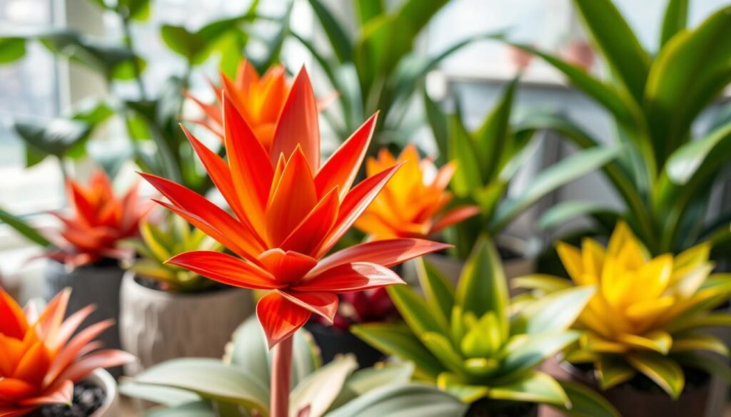 Vibrant bromeliads in a beautifully arranged indoor setting. In the foreground, focus on a close-up of a bright red and orange bromeliad flower, showcasing its unique structural leaves that radiate outward. The middle ground features a diverse array of bromeliads in various colors—greens, yellows, and deeper reds—planted in stylish pots of different textures. In the background, soft-focus leafy greens and a hint of natural light filtering through a window create a warm, inviting atmosphere. The composition captures the lushness of these plants, emphasizing their colorful blooms and distinctive foliage. Utilize bright, natural lighting to enhance color vibrancy, with a slight depth of field for a professional, camera-like effect. Vibrant bromeliads in a beautifully arranged indoor setting. In the foreground, focus on a close-up of a bright red and orange bromeliad flower, showcasing its unique structural leaves that radiate outward. The middle ground features a diverse array of bromeliads in various colors—greens, yellows, and deeper reds—planted in stylish pots of different textures. In the background, soft-focus leafy greens and a hint of natural light filtering through a window create a warm, inviting atmosphere. The composition captures the lushness of these plants, emphasizing their colorful blooms and distinctive foliage. Utilize bright, natural lighting to enhance color vibrancy, with a slight depth of field for a professional, camera-like effect.