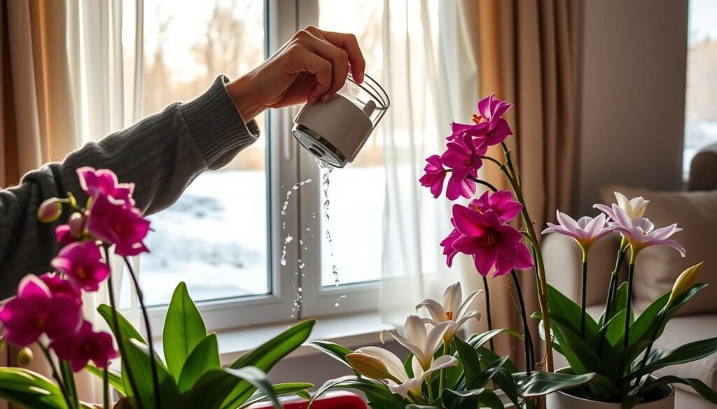 watering indoor flowers in winter