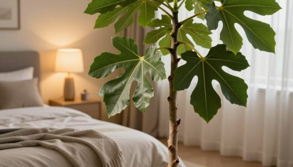 A beautiful fig tree houseplant showcased prominently in a stylish bedroom setting, the large, lush green leaves creating an elegant focal point. In the foreground, the fig tree's intricate bark texture is visible, highlighting its architectural form. In the middle ground, a cozy bed with neutral-toned linens and soft throw pillows complements the plant, while a decorative lamp casts a warm, inviting glow. The background features soft, ambient light filtering through sheer curtains, enhancing the serene atmosphere. The scene captures a harmonious blend of nature and modern decor, emphasizing tranquility and sophistication. The angle is slightly from above, allowing for a sweeping view of the entire plant alongside the cozy bedroom.
