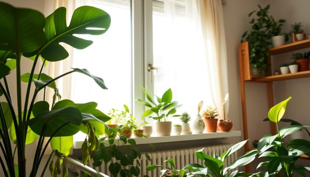A beautifully arranged indoor setting showcasing a variety of thriving room plants. In the foreground, a vibrant monstera and a spider plant with cascading leaves. The middle ground features a bright windowsill adorned with miniature succulents and a flowering peace lily, all bathed in soft, natural sunlight streaming through sheer curtains. The background is a warm, inviting room with light-colored walls and a wooden shelf filled with potted herbs. The overall ambiance is fresh and serene, emphasizing natural humidity and light, with gentle green tones and earthy textures. The lighting is soft and diffused to create a calm, nurturing atmosphere, ideal for indoor plant growth.