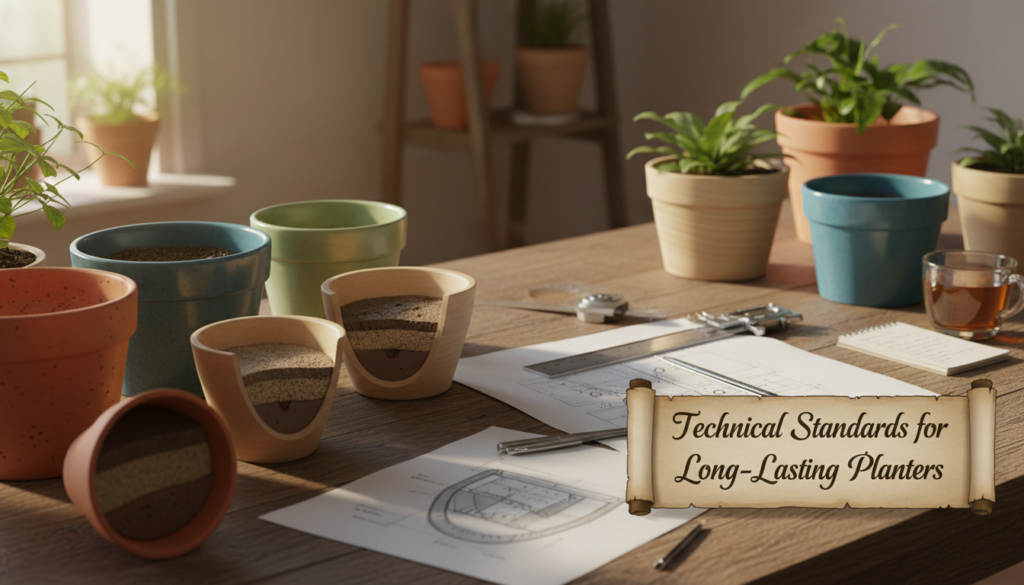 A beautifully arranged workspace showcasing "Technical Standards for Long-Lasting Planters." In the foreground, a detailed close-up of various planter materials such as terracotta, ceramics, and sustainable wood, cutaway sections displaying moisture retention and drainage features. In the middle ground, neatly organized tools and measuring devices like rulers and calipers, symbolizing precision in planter design. The background features a softly lit rustic indoor setting with potted plants thriving in these planters, casting gentle shadows on a textured wooden table. Warm, natural lighting illuminates the scene, capturing the cozy atmosphere suited for a home environment. The image should evoke feelings of comfort and inspiration for effective gardening solutions, with a focus on quality and longevity in planter construction.