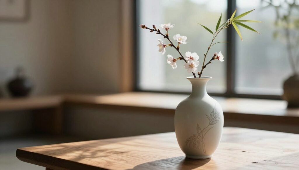 A beautifully crafted Ikebana sculptural vase positioned prominently in the foreground, showcasing its elegant curves and intricate patterns. The vase, made of smooth porcelain with a soft matte finish, contains a minimalist arrangement of delicate cherry blossoms and bamboo, artfully balanced to represent the harmony of nature. In the middle ground, a subtle, textured wooden table adds warmth, enhancing the minimalist aesthetic. The background features a softly blurred, serene indoor environment with natural light streaming through a large window, casting gentle shadows. The overall mood is tranquil and contemplative, inviting viewers to immerse themselves in the simplicity and beauty of the design. The scene is captured with a shallow depth of field, emphasizing the vase as the primary focus while softly blurring the surrounding elements.