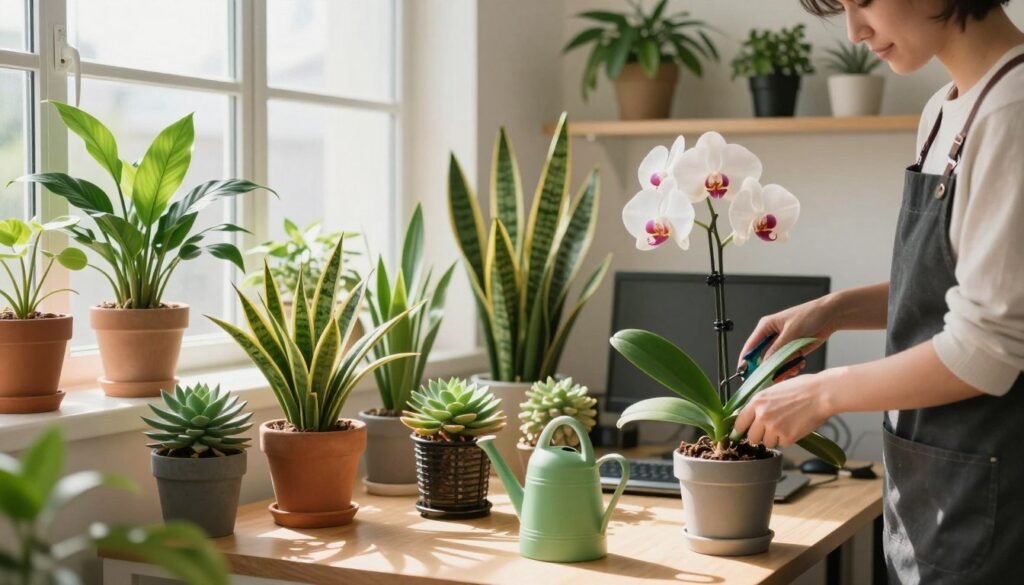 A bright, airy office space filled with a vibrant indoor flower display, showcasing a weekly maintenance routine. In the foreground, a professional, modestly dressed person carefully prunes a potted orchid, with tools like pruning shears and a watering can visible. In the middle, a variety of healthy indoor plants, such as peace lilies, succulents, and snake plants, are arranged creatively on a stylish desk and shelves. The background features large windows allowing natural light to stream in, illuminating the scene with a warm glow. Soft shadows play across the room, enhancing the tranquil, productive atmosphere ideal for an office environment. The overall mood is fresh, organized, and inviting, perfect for inspiring effective plant care.