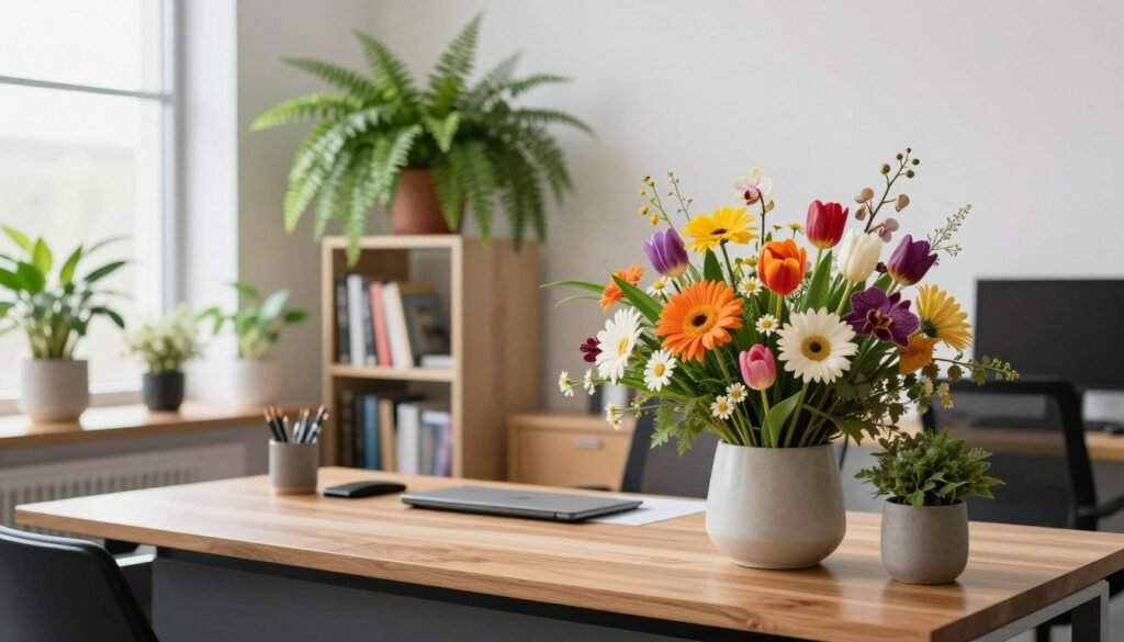 A bright and inviting office space featuring an elegant arrangement of vibrant indoor flowers in stylish pots. In the foreground, a chic wooden desk is adorned with a colorful bouquet of mixed flowers, including tulips, daisies, and orchids. The middle ground showcases a modern bookshelf and a potted fern, adding greenery to the scene. In the background, large windows let in soft, natural light that illuminates the room and highlights the flowers' vivid colors. The atmosphere is tranquil yet inspiring, ideal for a productive work environment. The image captures a professional setting accented with nature’s beauty, evoking a sense of well-being and creativity.