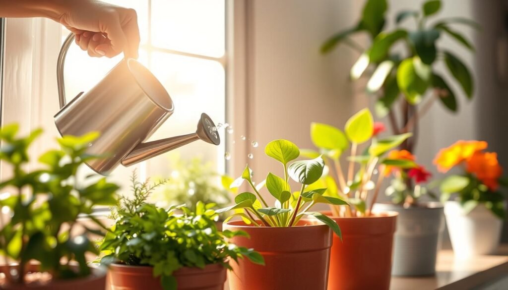 A bright, inviting indoor garden scene showcasing various indoor plants on a windowsill bathed in soft, natural light. In the foreground, a graceful hand gently waters a vibrant green potted plant using a sleek watering can, droplets of water glistening in the sunlight. The middle ground features additional plants, some with lush foliage and others in bright blooms, demonstrating healthy growth. In the background, a sunlit window frames the scene, casting warm shadows and creating a tranquil atmosphere. The overall mood is serene and nurturing, emphasizing the importance of proper watering techniques for indoor plants. Use a shallow depth of field to focus on the watering process while softly blurring the background for a harmonious composition.