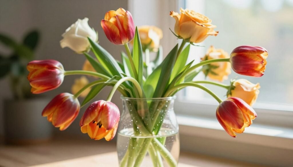 A clear glass vase filled with water, featuring droopy cut flowers like tulips and roses, struggling to stand upright. The flowers display a mix of vibrant colors, with their petals slightly wilted and stems showing signs of revival. The foreground highlights the intricate details of the flowers and the texture of the water, creating a fresh and inviting appearance. In the middle background, soft green leaves surround the flowers, while gentle sunlight filters through a nearby window, casting a warm and uplifting glow. The overall atmosphere is hopeful and serene, emphasizing the rejuvenation process of the flowers. The image is captured from a slight angle to add depth, with a focus on the clarity of the water and the path of light.