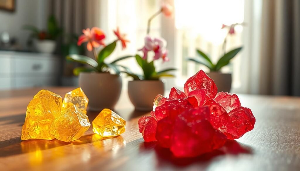 A close-up composition showcasing phosphorus, represented as luminous, vibrant yellow and red crystals, artistically arranged on a sleek wooden surface. In the foreground, the glittering crystals reflect light, casting intricate, sparkling shadows that enhance their texture. The middle ground features a few small indoor flowering plants, such as African violets and orchids, thriving in elegant ceramic pots, hinting at their healthy growth stage. In the blurred background, soft, diffused natural light streams through a nearby window, creating a warm and inviting atmosphere. The overall mood is one of vitality and enhancement, symbolizing the importance of phosphorus in nurturing indoor flowers for optimal blooming.