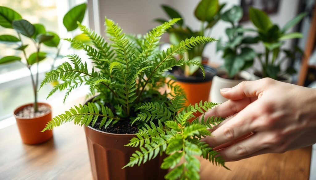 A close-up of a person's hands gently checking the moisture level of a houseplant's soil, showcasing a healthy potted fern with vibrant green leaves. In the foreground, the hands are delicately probing the soil, emphasizing the texture and color, demonstrating care and attention. The middle ground features additional houseplants, like a flowering pothos and a snake plant, arranged aesthetically on a wooden table. In the background, a bright window lets in soft, natural light, enhancing the freshness of the setting. The atmosphere is calm and nurturing, reflecting a love for indoor gardening. The image should evoke warmth and connection with nature, with warm, inviting tones and a shallow depth of field to draw focus to the act of moisture checking.
