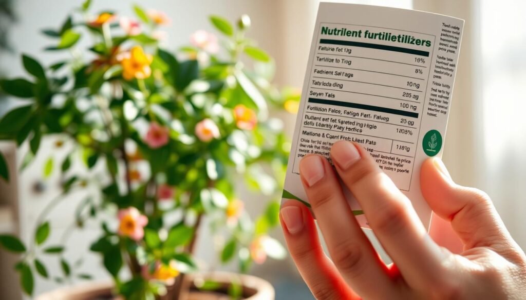 A close-up of an aesthetically pleasing fertilizer label, prominently displaying nutrient information in clear, bold fonts. The foreground features a hand gently holding the label, with manicured fingers adorned by a simple ring. In the middle, a vibrant, healthy potted indoor plant is partially visible, with lush green leaves and scattered colorful flower blooms. The background softly blurs to reveal a cozy indoor setting with warm, natural light filtering through a window, casting gentle shadows. The overall atmosphere is calm and nurturing, invoking a sense of care and attention. Use a shallow depth of field to emphasize the label, with a focus on clarity and detail.