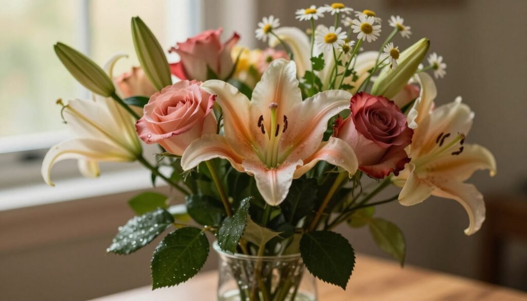 A close-up of various cut flowers, including roses, lilies, and daisies, arranged in a clear glass vase filled with water, showcasing their biological structures like stems, leaves, and petals. The foreground features water droplets on the leaves, emphasizing freshness. In the middle, the vibrant colors of the flowers bloom, displaying details like subtle texture variations and the intricacies of their petal edges. The background softly blurs with a warm, inviting light filtering through a nearby window, creating a natural and serene atmosphere. The angle is slightly elevated, capturing the beauty and complexity of cut flowers while maintaining an elegant, scientific feel to illustrate the biology of cut flowers effectively. The lighting is soft and warm, enhancing the colors and textures without harsh contrasts.