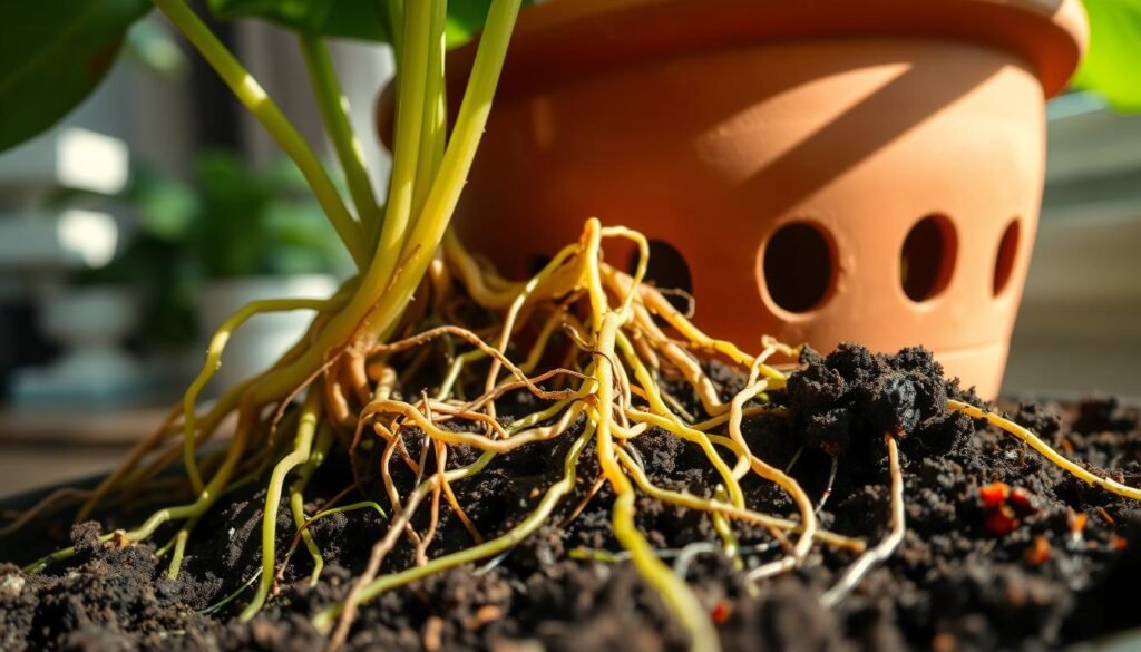 A close-up of vibrant and intricate indoor plant roots, showcasing the detailed texture and structure as they intertwine and spread through nutrient-rich potting soil. The foreground features the roots emerging slightly from the top of the pot, with a glimpse of fresh green leaves visible above. In the middle ground, a well-drained clay pot is partially visible, emphasizing optimal conditions for growth. The background is softly blurred to highlight the focus on the roots, with natural daylight streaming in, casting gentle shadows that enhance the details. The atmosphere is serene and nurturing, evoking a sense of life and care in plant cultivation. The composition is captured from a low angle to emphasize the roots’ complexity and connection to the pot.