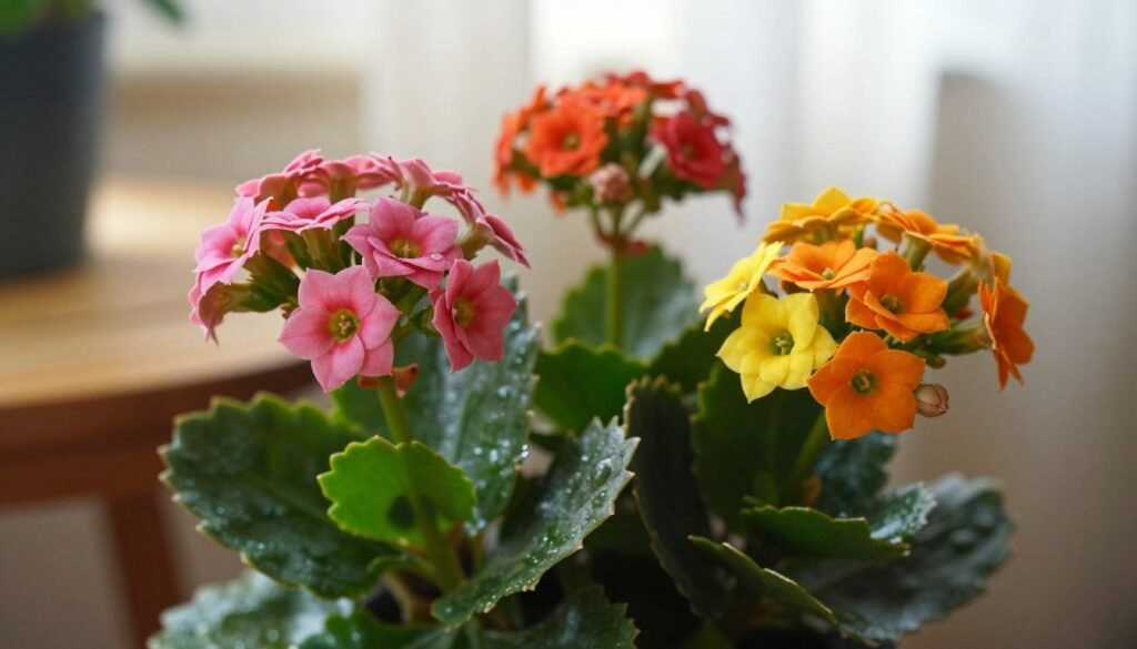 A close-up of vibrant kalanchoe and calandiva plants in a softly lit indoor setting, showcasing a variety of colorful blooms in hues of pink, orange, and yellow. The foreground features lush green leaves, glistening with moisture, while the middle ground displays clusters of flowers in full bloom, with delicate petals catching the indirect light. In the background, a soft blur of natural textures, like a wooden table and gentle sunlight filtering through a sheer curtain, creates a warm and inviting atmosphere. The composition should evoke a sense of tranquility and beauty, emphasizing the lushness of indoor gardening. Captured with a shallow depth of field using a 50mm lens to highlight the intricate details of the flowers and leaves, without any text or distractions.