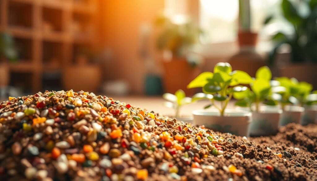 A close-up, richly detailed image of soil nutrients and fertilizers, featuring colorful granules of various fertilizers like NPK, organic matter, and minerals. In the foreground, individual grains are clearly visible, showcasing their unique textures and colors. The middle ground contains small potted indoor plants showing vibrant green leaves, indicating health and vitality from the nutrients. In the background, a softly blurred indoor gardening setting, with warm natural light streaming through a window, creating a cozy atmosphere. The composition focuses on the importance of quality soil for indoor plants, evoking a sense of nurturing and growth. The lighting is soft and inviting, emphasizing the richness of the soil and the lushness of the plants.