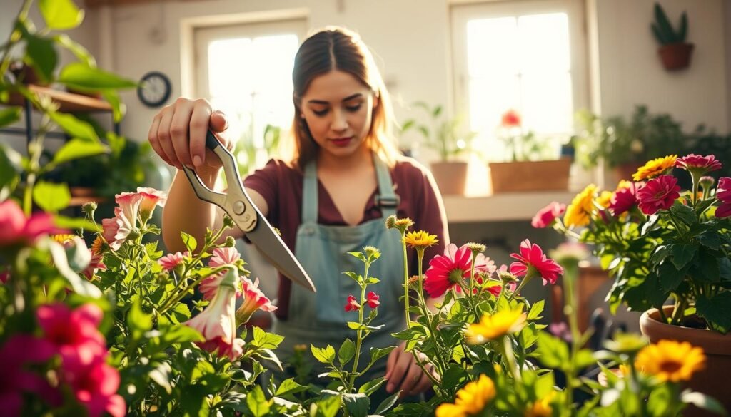 A close-up scene of a gardener gently pruning vibrant indoor flowers in a sunny, well-lit room. In the foreground, a pair of shears delicately snips off wilted petals, surrounded by lush greenery and colorful blooms in various stages of growth. The middle layer captures a focused gardener, dressed in modest, casual attire, with a serene expression, demonstrating precise deadheading techniques. The background showcases a pair of sunny windows illuminating the space, casting warm, golden light that highlights the rich colors of the flowers and the wooden potting table filled with gardening tools. The atmosphere is calm and nurturing, evoking a sense of care for the plants, emphasizing the importance of pruning for healthier blooms.