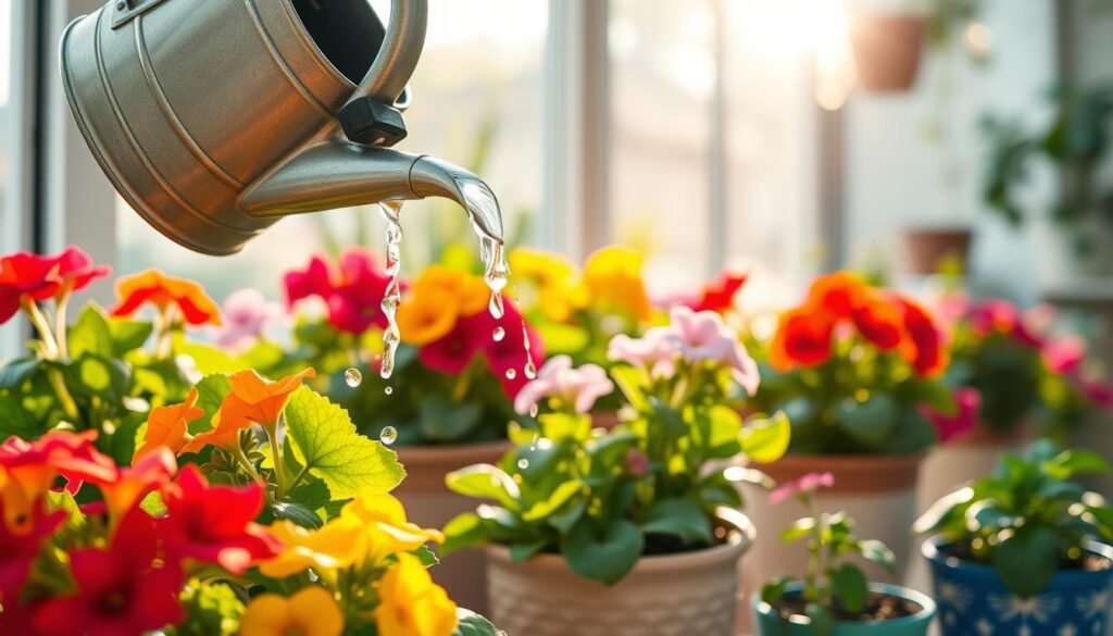 A close-up scene of a person watering colorful flowering plants in a bright indoor garden. The foreground features a watering can pouring water delicately over vibrant blooms, with droplets glistening in the light. In the middle, various flowering plants such as geraniums and petunias are arranged in decorative pots, showcasing rich green leaves and lush blooms. The background reveals soft-focus sunlight streaming through a window, casting a warm glow across the scene, evoking a feeling of nurturing and growth. The atmosphere is serene and inviting, with natural light enhancing the colors of the plants. The image captures the essence of careful watering techniques to prevent root rot, making it ideal for a gardening-themed article.