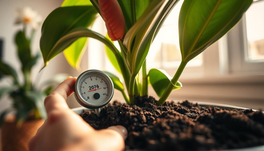 A close-up shot of a hand gently inserting a moisture meter into the soil of a flowering houseplant, showcasing rich, dark soil and vibrant green leaves. In the foreground, focus on the moisture gauge displaying readings, highlighting the plant's health. The middle ground includes a healthy flowering houseplant, such as a peace lily or orchid, symbolizing potential overwatering issues. In the background, soft natural sunlight filters through a window, casting a warm, inviting glow, creating a cozy indoor atmosphere. The scene should convey a sense of care and attentiveness to plant health, underscored by a calm, nurturing mood. The lighting should be soft and warm, giving the impression of a peaceful home setting.