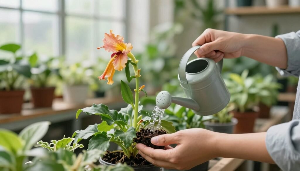 A close-up shot of hands gently watering a vibrant, drooping flower with a small watering can. The scene is set in a bright, airy plant nursery with soft, natural light filtering through large windows. In the foreground, the hands are adorned in casual yet neat attire, showing a careful and deliberate watering technique that nourishes the roots. The middle ground focuses on the flower, its delicate petals beginning to perk up, indicating the immediate effects of the gentle watering method. In the background, blurred greenery and potted plants create a serene, restorative atmosphere. The overall mood is calm and hopeful, emphasizing the importance of proper watering techniques in plant care.