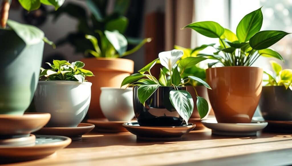 A close-up view of a beautifully arranged collection of indoor plant pots featuring diverse plants with vibrant green leaves. In the foreground, focus on a variety of elegant ceramic pots with delicate drainage holes at the bottom, resting on matching saucers designed to collect excess water. The middle ground showcases healthy houseplants like peace lilies and pothos, lush and vibrant, thriving due to the effective drainage. Soft natural lighting filters in from a nearby window, casting gentle shadows that add depth. The background is a softly blurred indoor setting, suggesting a cozy room filled with greenery. The overall mood is fresh and inviting, emphasizing the importance of proper drainage for healthy plants.
