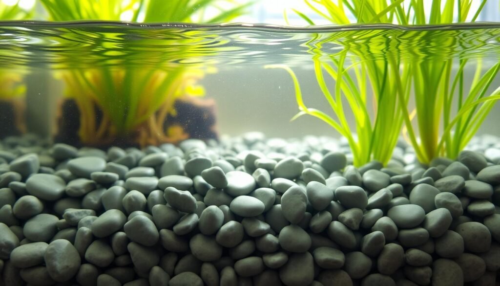 A close-up view of a clear aquarium tank filled with layered gravel and water. The foreground showcases smooth, rounded pebbles in varying shades of gray, creating a natural and textured bottom layer. Gentle ripples distort the surface of the water, reflecting soft, diffused natural sunlight streaming in from a window, casting sparkling patterns onto the gravel below. Vibrant green aquatic plants gently sway in the water column, enhancing the freshness of the scene. The composition captures the tranquility of an indoor ecosystem, with an overall serene and inviting atmosphere. Shot from a slight angle, emphasizing depth and clarity, inviting viewers to explore the delicate balance of nature.