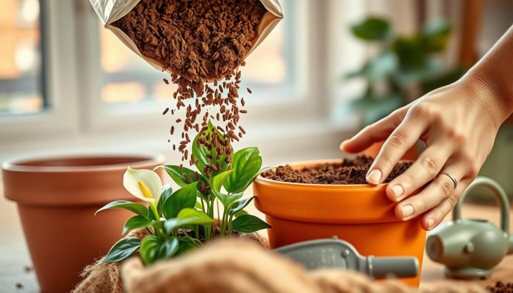 A close-up view of a hands-on repotting scene, showcasing earthy potting soil being gently poured from a bag into a terracotta pot. In the foreground, a few small, vibrant indoor flowers, such as peace lilies and pothos, are nestled beside the pot, their lush green leaves contrasting against the rich brown soil. The middle layer features the partially filled pot, with small gardening tools like a trowel and a watering can subtly positioned nearby, giving a sense of organization. In the background, a softly blurred window lets in warm, natural light, enhancing the inviting atmosphere of a cozy indoor space. The mood is relaxed and nurturing, suitable for busy individuals seeking easy, effective ways to care for their indoor plants. The perspective captures a inviting angle that emphasizes the hands gently working, embodying a low-effort yet rewarding gardening experience.