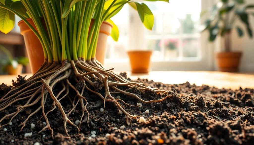 A close-up view of a healthy houseplant's roots in well-draining soil, showcasing a blend of perlite, peat moss, and coconut coir to highlight drainage properties. The foreground features the intricate root system splayed out in rich, dark brown soil, with small white perlite granules visible. In the middle ground, the plant itself is vibrant and lush, with bright green leaves, standing tall in a terracotta pot. The background is softly blurred, depicting a bright, sunlit room with a hint of window greenery for context. The lighting is warm and inviting, resembling a sunny afternoon, evoking an atmosphere of growth and vitality. The composition should emphasize the importance of drainage and air in nurturing flowering houseplants, creating a harmonious blend of nature and care. A close-up view of a healthy houseplant's roots in well-draining soil, showcasing a blend of perlite, peat moss, and coconut coir to highlight drainage properties. The foreground features the intricate root system splayed out in rich, dark brown soil, with small white perlite granules visible. In the middle ground, the plant itself is vibrant and lush, with bright green leaves, standing tall in a terracotta pot. The background is softly blurred, depicting a bright, sunlit room with a hint of window greenery for context. The lighting is warm and inviting, resembling a sunny afternoon, evoking an atmosphere of growth and vitality. The composition should emphasize the importance of drainage and air in nurturing flowering houseplants, creating a harmonious blend of nature and care.
