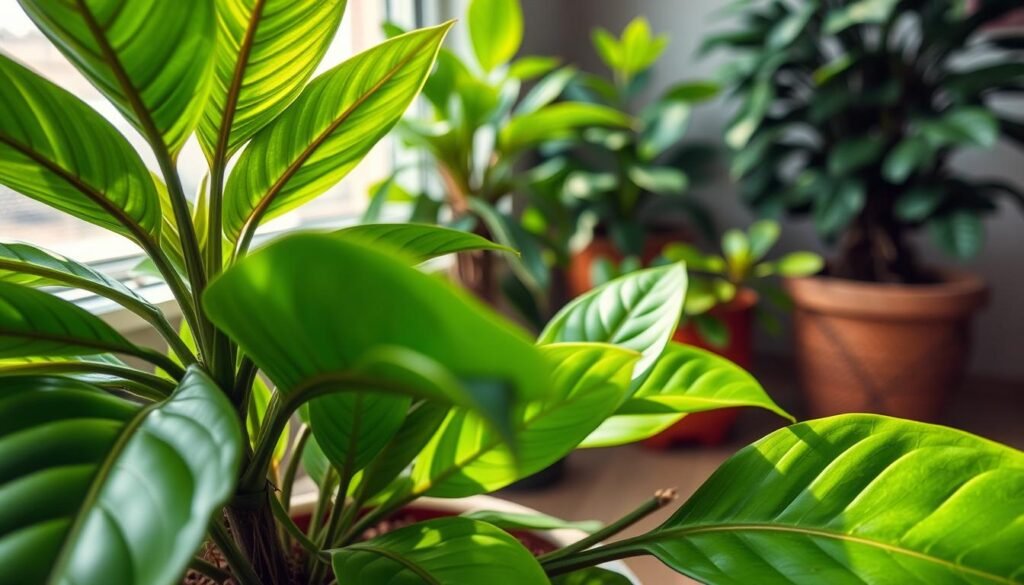 A close-up view of a vibrant indoor plant with lush green leaves, showcasing its striking leaves while the flowers remain closed, hinting at potential health issues like root rot. In the foreground, the plant's glossy leaves glisten under soft, diffused natural light coming through a nearby window. In the middle layer, a healthy pot of soil is visible, with a few roots peeking through, suggesting a struggle beneath the surface. The background features other flourishing plants in soft focus, creating a serene indoor garden atmosphere. The overall mood is reflective, combining beauty with a hint of concern, as it captures the paradox of healthy foliage versus lack of blooms. The image should be well-lit and shot at a shallow depth of field to emphasize the plant's details.
