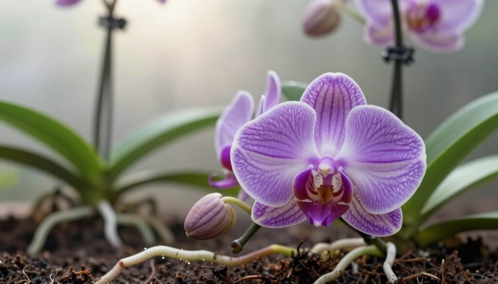 A close-up view of a vibrant orchid in full bloom, showcasing intricate patterns on its petals, reflecting shades of purple and white. In the foreground, delicate roots intertwine with rich, dark soil, hinting at the nurturing environment required for reblooming. In the middle ground, several non-blooming orchid plants can be seen, indicating their potential for future flowers, with soft green leaves and budding stems. The background features soft, diffused sunlight filtering through a gentle mist, creating a tranquil atmosphere. A shallow depth of field highlights the blooming orchid while softly blurring the background, drawing attention to the delicate beauty and complexity of orchid rebloom triggers. The overall mood is serene and educational, inviting viewers to ponder the life cycle of orchids.