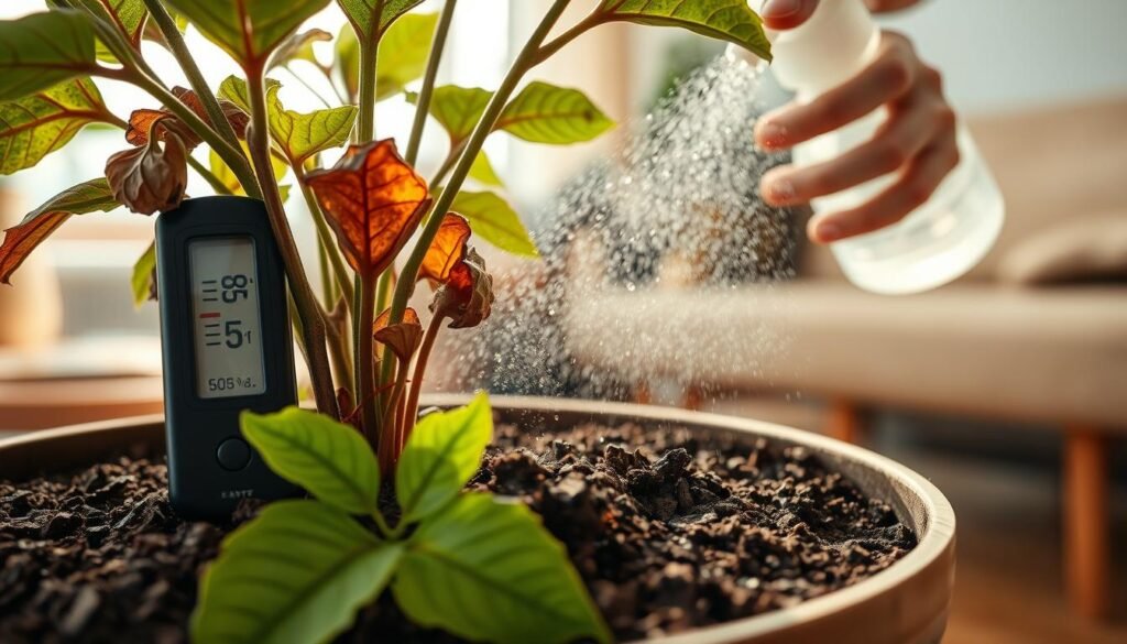 A close-up view of an indoor flowering plant suffering from low soil moisture, with dried and wilted leaves prominently displayed in the foreground. The moisture meter should be visible, indicating low readings, placed next to rich, dark brown soil that is noticeably dry and cracked. In the middle ground, a pair of hands gently misting the plant with a spray bottle, with droplets catching soft, natural light. The background should feature a softly blurred interior setting, filled with warm earthy tones, suggesting a cozy home environment. Soft, diffused sunlight filtering through a nearby window creates a calm and hopeful atmosphere, emphasizing the urgency of reviving the plant while promoting a sense of care and nurturing.