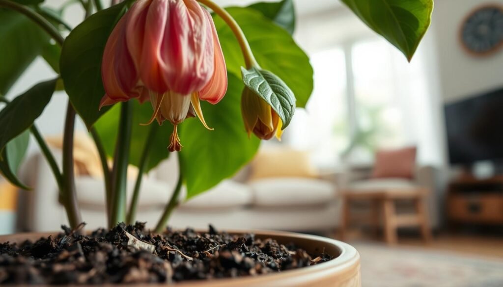 A close-up view of an indoor potted flower, visibly drooping and wilting, with leaves curling downwards due to stress. The petals are slightly faded, showcasing signs of neglect, surrounded by rich, moist soil that contrasts with the plant's unhealthy state. In the foreground, focus on the drooping flower and its deteriorating leaves, capturing fine details of the texture and color variations. The background features a softly blurred domestic environment, such as a bright, airy living room with gentle natural light filtering through a nearby window, enhancing the feeling of warmth and slight discomfort. The mood is one of concern and need for care, illustrating the consequences of underwatering and heat stress on indoor plants. A close-up view of an indoor potted flower, visibly drooping and wilting, with leaves curling downwards due to stress. The petals are slightly faded, showcasing signs of neglect, surrounded by rich, moist soil that contrasts with the plant's unhealthy state. In the foreground, focus on the drooping flower and its deteriorating leaves, capturing fine details of the texture and color variations. The background features a softly blurred domestic environment, such as a bright, airy living room with gentle natural light filtering through a nearby window, enhancing the feeling of warmth and slight discomfort. The mood is one of concern and need for care, illustrating the consequences of underwatering and heat stress on indoor plants.