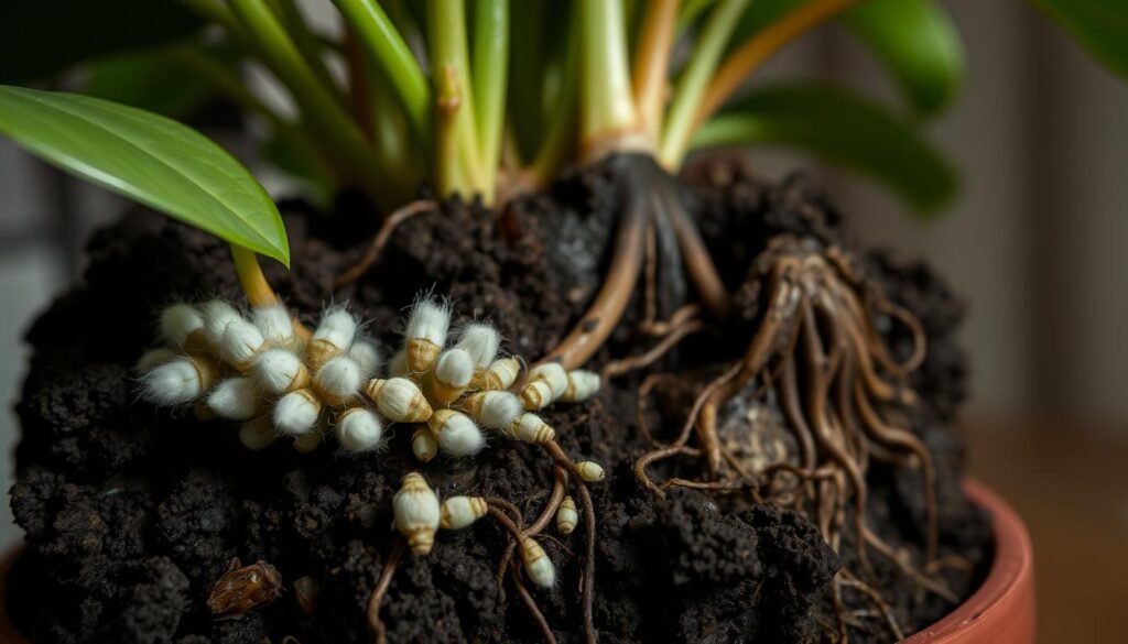 A close-up view of an indoor potted plant showing a complex ecosystem of mealybugs nestled among the roots, accompanied by damp, dark soil indicating overwatering. In the foreground, a cluster of mealybugs with white, cotton-like filaments juxtaposed against the rich, moist earth. The middle ground features roots struggling to absorb the excess water, with hints of root rot visible. In the background, soft diffused lighting creates a warm, slightly shadowy atmosphere, suggesting an indoor environment. The lens captures the texture of the mealybugs and soil vividly, emphasizing a sense of concern for plant health while evoking a calm, informative mood, suitable for an educational article on pest control.