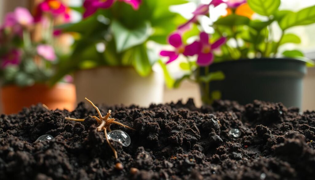 A close-up view of damp, rich soil in a pot with vibrant flowering houseplants above, showcasing the texture and moisture content. The foreground features glistening water droplets on the dark, fertile soil, while healthy roots emerge visibly through the soil, indicating overwatering. In the middle, bright blooms of various indoor flowering plants adds vivid color, with a focus on their lush green leaves. The background is softly blurred, revealing a warm, natural light coming from a window, creating a serene and nurturing atmosphere. Use a shallow depth of field to draw attention to the soil's moisture and the plant's vibrant colors, evoking a sense of care and nurturing for indoor flora.