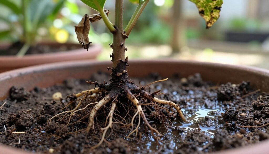 A close-up view of distressed plant roots showing signs of root stress and root rot. The foreground features a small potted plant with wilting leaves and visibly darkened, mushy roots that are partially exposed in the soil. The middle ground reveals moist soil, indicating overwatering, with a few droplets reflecting light. In the background, a blurred garden setting provides a natural context, with soft sunlight filtering through trees, casting gentle shadows. The overall atmosphere is somber yet educational, emphasizing the need for careful plant care. Shoot with a macro lens, ensuring the details of the roots and soil are sharp, while maintaining a shallow depth of field for a focused composition.