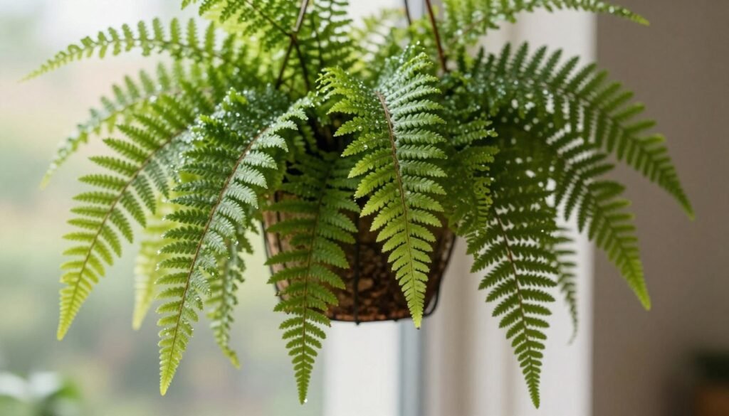 A close-up view of lush fern leaves, showcasing various varieties ideal for hanging baskets. In the foreground, vibrant green fronds display intricate textures and patterns, with dew drops glistening in the soft morning light. The middle ground features a stylish hanging basket, elegantly designed, with the ferns spilling over the sides, emphasizing their cascading nature. The background is softly blurred, hinting at a tranquil indoor setting with natural light filtering through a window, creating a warm and inviting atmosphere. The overall mood is fresh and rejuvenating, perfect for highlighting the beauty and versatility of ferns in indoor displays.