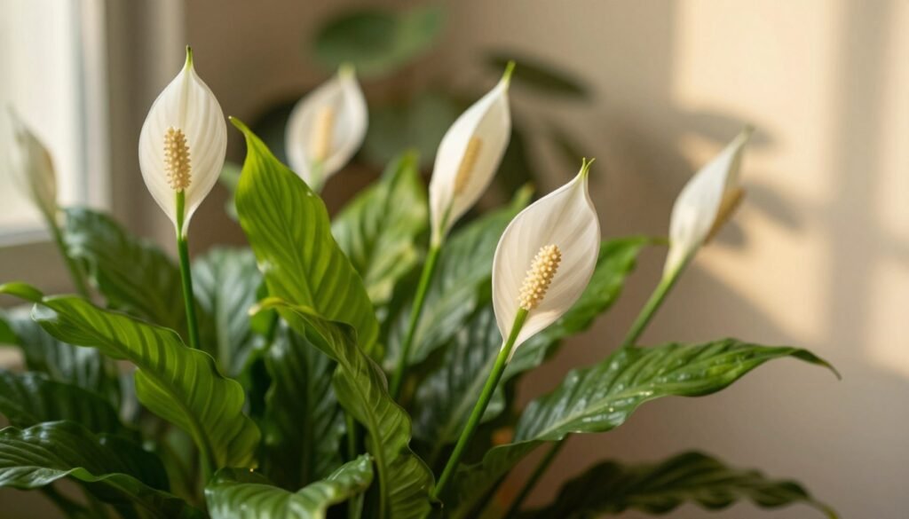 A close-up view of lush, vibrant peace lilies in full bloom, showcasing their striking glossy green leaves and elegant, creamy white flowers. In the foreground, several peace lily blooms are gracefully bent, highlighting their delicate features and smooth textures. In the middle ground, additional cluster of peace lilies adds depth, while soft, muted leaves create a natural backdrop. The lighting is warm and diffused, simulating gentle sunlight filtering through a nearby window, casting soft shadows that enhance the serene, tranquil atmosphere. The scene conveys a sense of calm and harmony, perfect for illustrating the beauty of these indoor plants. Use a shallow depth of field to blur some background leaves, focusing on the elegant flowers, and utilize a macro lens effect to capture intricate details.