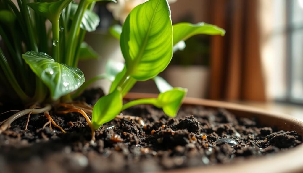 A close-up view of moist, healthy soil in a potted indoor flower setting, with delicate roots peeking through the rich dark earth. The foreground features vibrant green leaves of a flowering plant, showcasing droplets of water on the leaves to indicate freshness and proper hydration. In the middle ground, a soft focus reveals the texture and granules of the soil, highlighting its moisture levels. The background features a subtly blurred indoor environment, with light filtering through a nearby window, casting gentle shadows and creating a warm, inviting atmosphere. The scene should convey a sense of balance and well-care, emphasizing the importance of soil moisture for indoor plants. Use natural lighting to enhance the details. A close-up view of moist, healthy soil in a potted indoor flower setting, with delicate roots peeking through the rich dark earth. The foreground features vibrant green leaves of a flowering plant, showcasing droplets of water on the leaves to indicate freshness and proper hydration. In the middle ground, a soft focus reveals the texture and granules of the soil, highlighting its moisture levels. The background features a subtly blurred indoor environment, with light filtering through a nearby window, casting gentle shadows and creating a warm, inviting atmosphere. The scene should convey a sense of balance and well-care, emphasizing the importance of soil moisture for indoor plants. Use natural lighting to enhance the details.