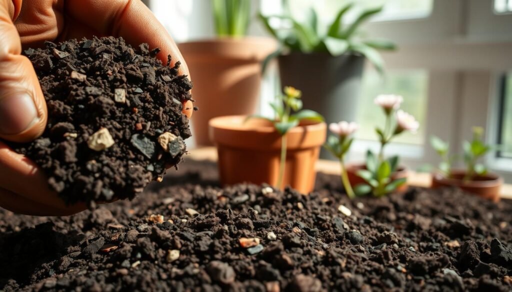 A close-up view of rich, dark potting mix, showcasing its chunky texture with bits of perlite and organic matter. In the foreground, a handful of potting mix is held by a gloved hand, emphasizing the tactile quality. The middle section features an elegant terracotta pot waiting to be filled, with a few small indoor flower plants nearby, looking a bit wilted yet hopeful. In the background, soft, natural light filters through a window, casting gentle shadows that create a warm, inviting atmosphere. The overall mood is calm and nurturing, perfect for a homely gardening scene. The image should be sharp, highlighting the details of the soil mix, with a focus on texture and depth.