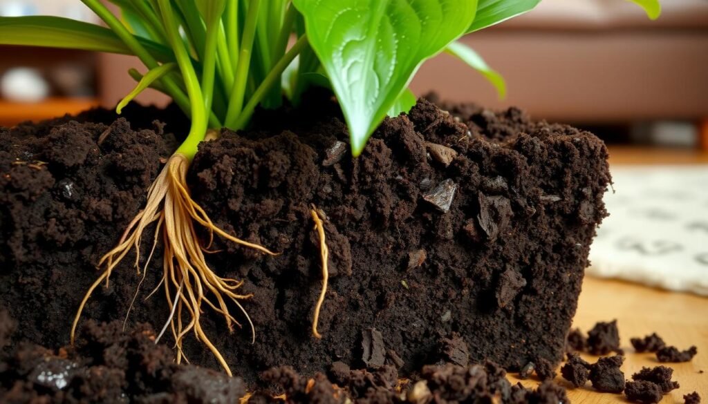 A close-up view of rich, dark potting soil exhibiting varying moisture levels, with some areas appearing saturated and glistening while others are dry and crumbly. In the foreground, show delicate roots of a flowering houseplant intertwining with the soil, highlighting the relationship between moisture and plant health. The middle layer includes vibrant green leaves of the plant, drooping slightly to indicate overwatering stress. In the background, use soft, diffused lighting to create a warm, indoor atmosphere, reminiscent of a cozy living room setting. The scene captures a sense of tranquility while subtly conveying the importance of proper watering techniques. Focus on the textures and colors to evoke an intimate connection with indoor gardening.