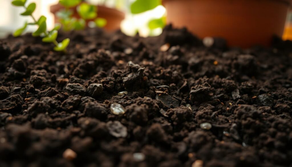 A close-up view of rich, dark potting soil, showcasing a variety of textures and small organic particles. The foreground features slightly disturbed soil, revealing signs of drainage issues, such as water pooling and small root sections. In the middle ground, include the edge of a terracotta pot, partially buried in the soil, with hints of green foliage from indoor flowers peeking out, suggesting the connection to plants above. The background should be softly blurred, hinting at a warm, natural light filtering in, creating a serene atmosphere. Use a shallow depth of field to emphasize the soil's textures while ensuring the colors are vibrant and earthy, invoking a sense of healthy plant care.